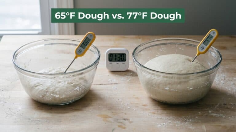 Comparison of dough rising at 65°F and 77°F with thermometers and timer.