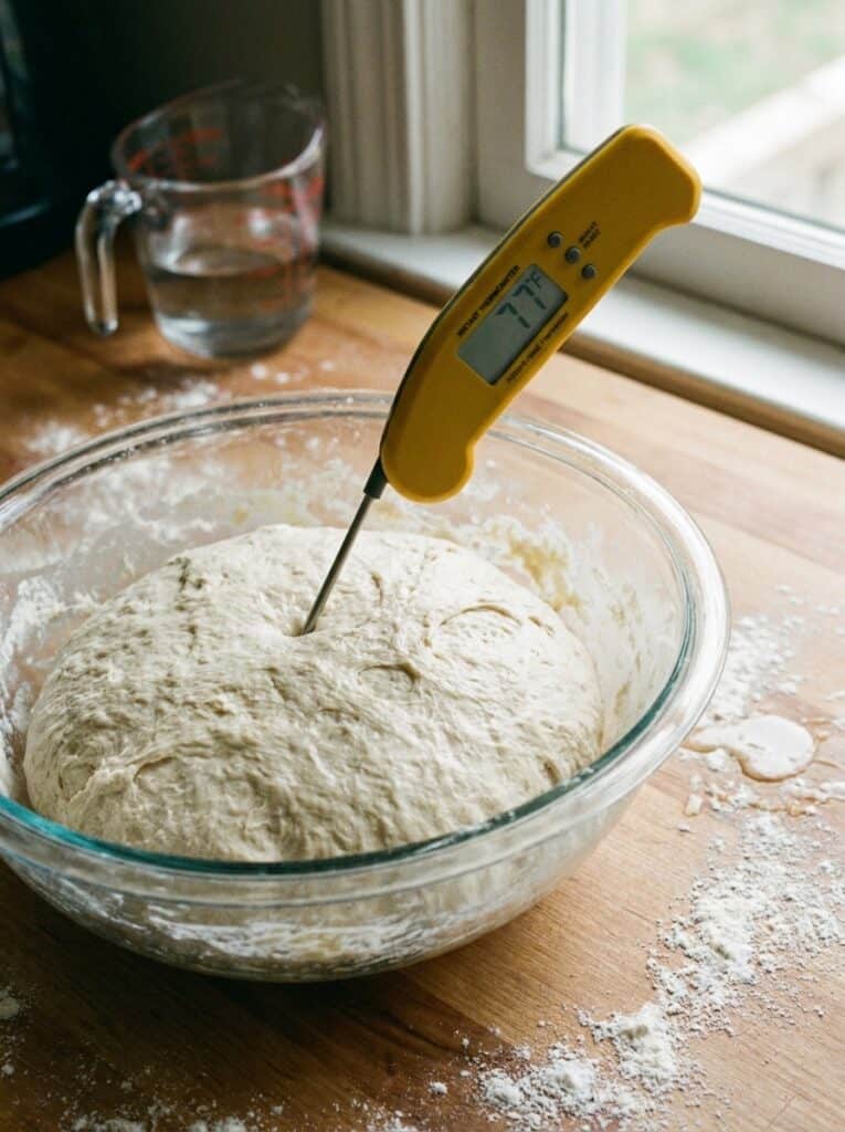 Dough Not Rising? Find the Moment It Slowed Down in 3 Checks. 2 Probe reading the temperature of dough right after mixing