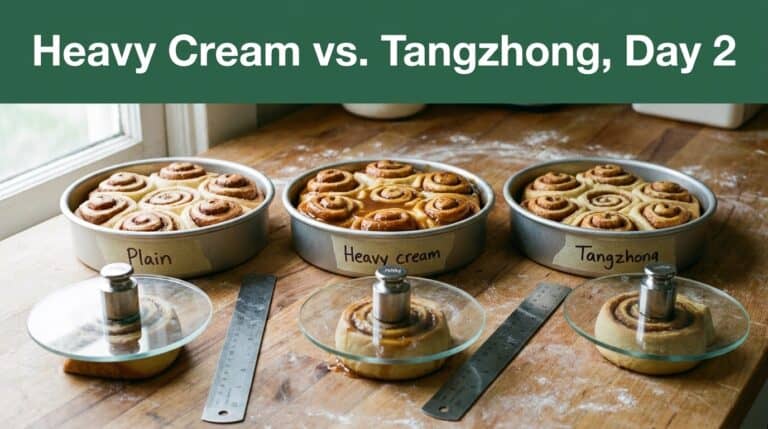 Cinnamon rolls in three pans labeled Plain, Heavy cream, Tangzhong on a wooden table.