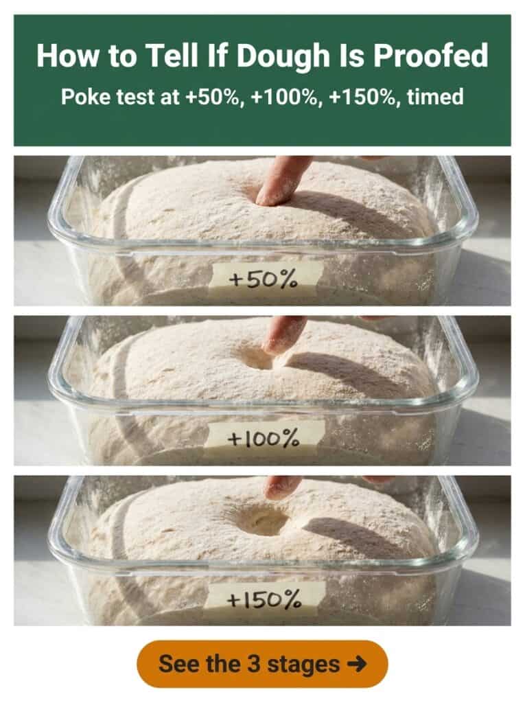 Floured finger dents in dough at three proofing stages with timed spring-back labels