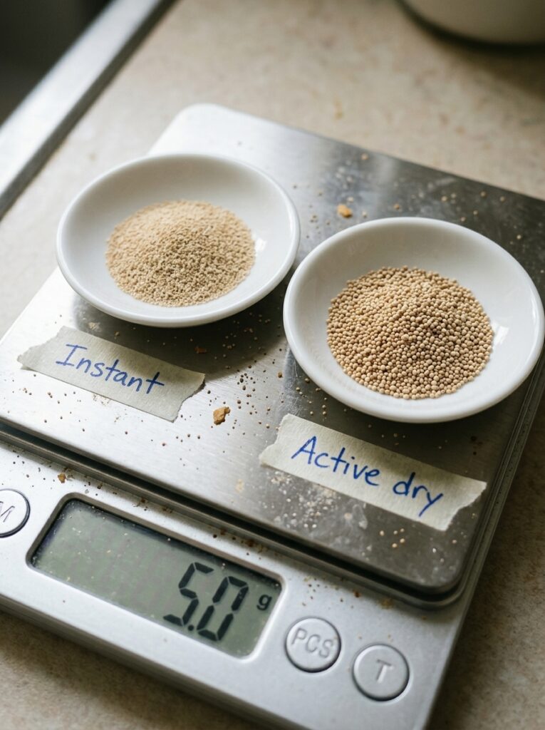 Instant vs. Active Dry Yeast at 63°F: Rise Times, Side by Side 2 Instant and active dry yeast granules side by side on a scale