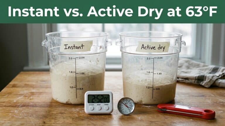 Comparison of instant and active dry yeast rise times at 63°F with measuring cups and thermometer.