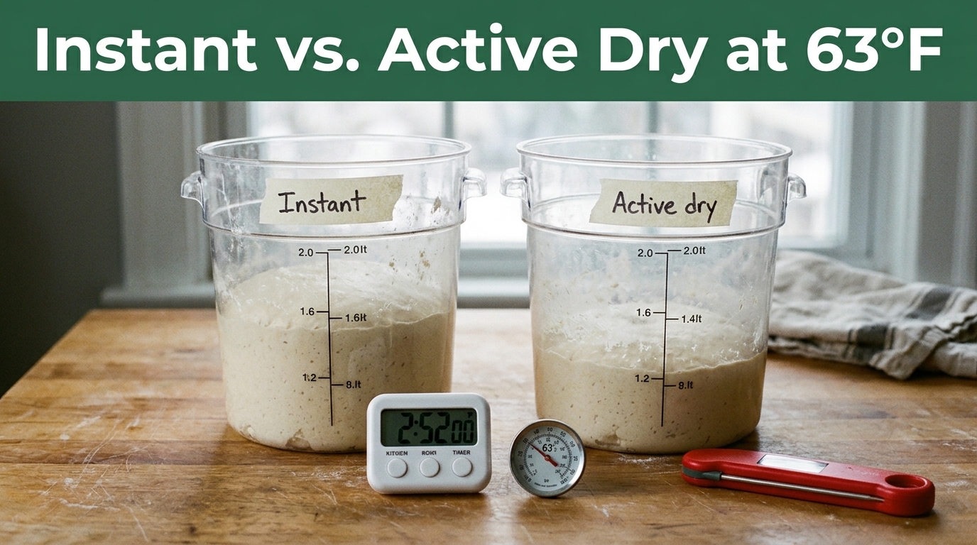 Instant vs. Active Dry Yeast at 63°F: Rise Times, Side by Side 1 Comparison of instant and active dry yeast rise times at 63°F with measuring cups and thermometer.