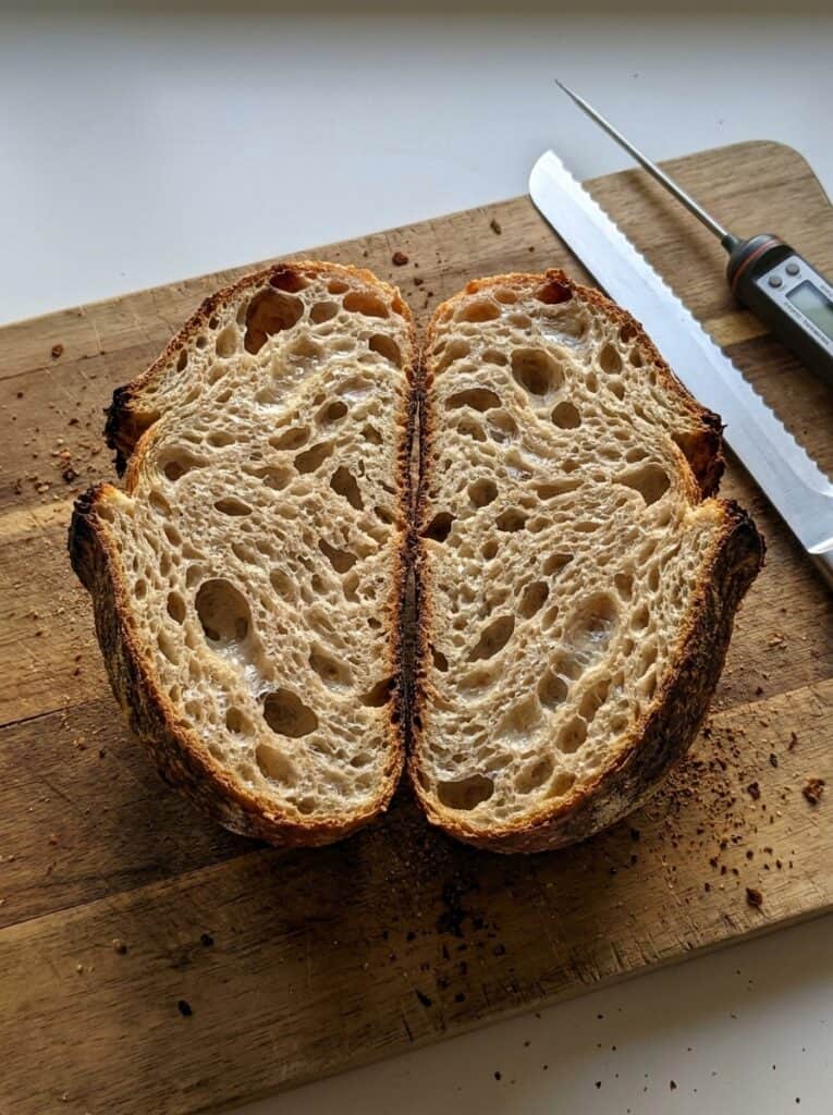 Open crumb of a sliced no-knead loaf