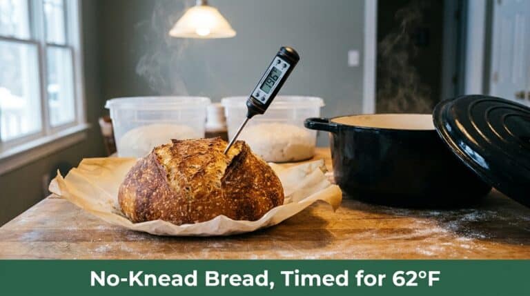 No-Knead bread loaf cooling in parchment on a wooden board with thermometer inserted.