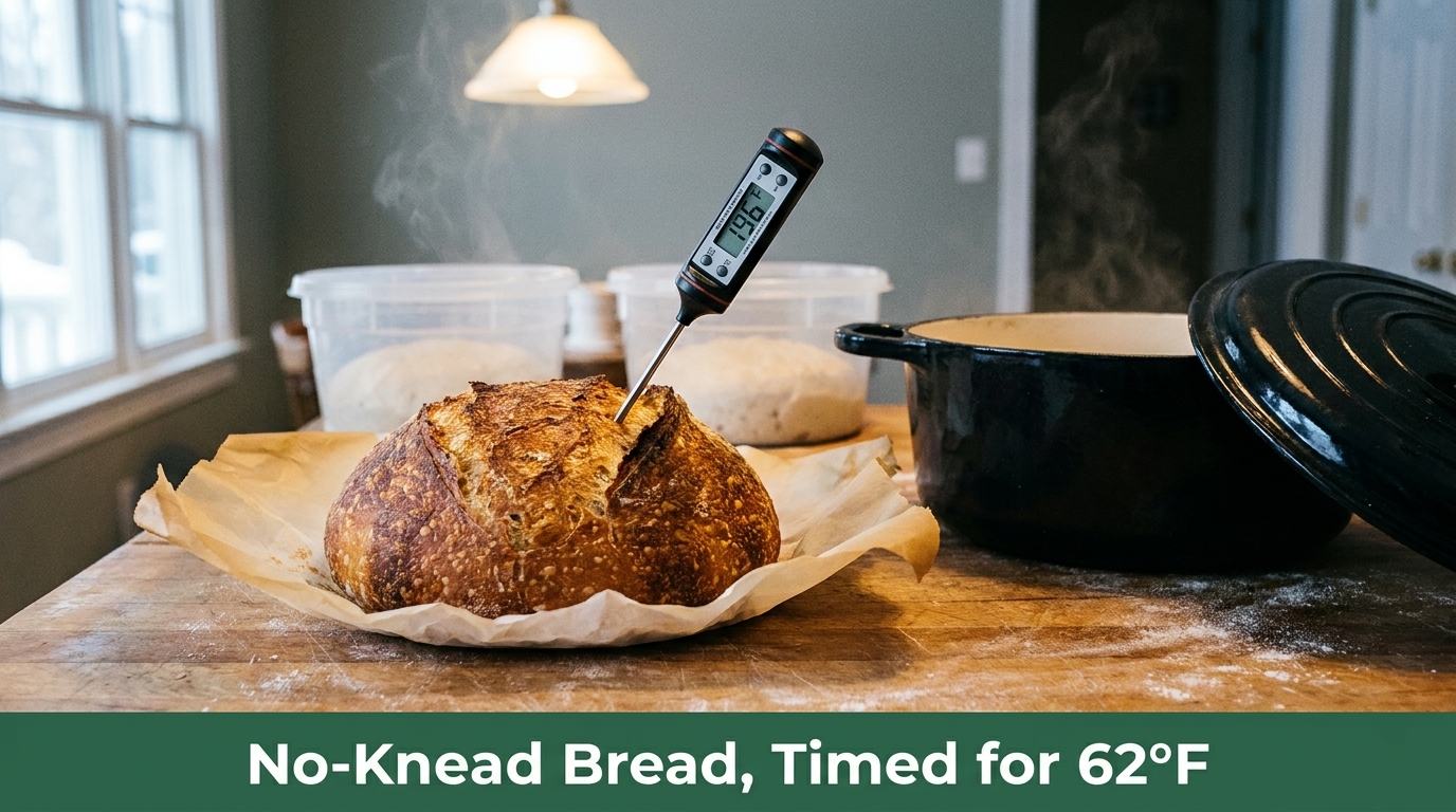 No-Knead bread loaf cooling in parchment on a wooden board with thermometer inserted.
