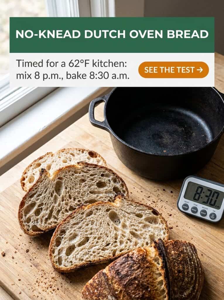 Sliced no-knead Dutch oven bread with open crumb, timed for a 62°F kitchen