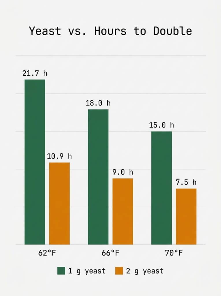 Table of rise times for two yeast amounts at 62, 66 and 70°F
