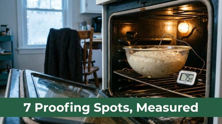 Dough proofing in oven with thermometer showing 75°F in a home kitchen.
