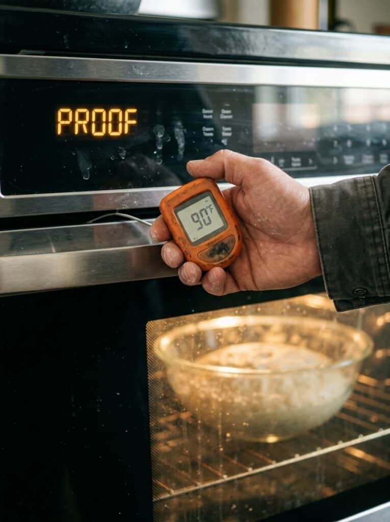 Proof Dough in the Oven: 3 Setups Measured Every 10 Minutes 4 Oven Proof setting display next to a probe reading 90°F