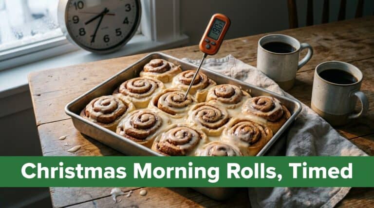 Pan of iced cinnamon rolls on a winter breakfast table, probe reading 190°F