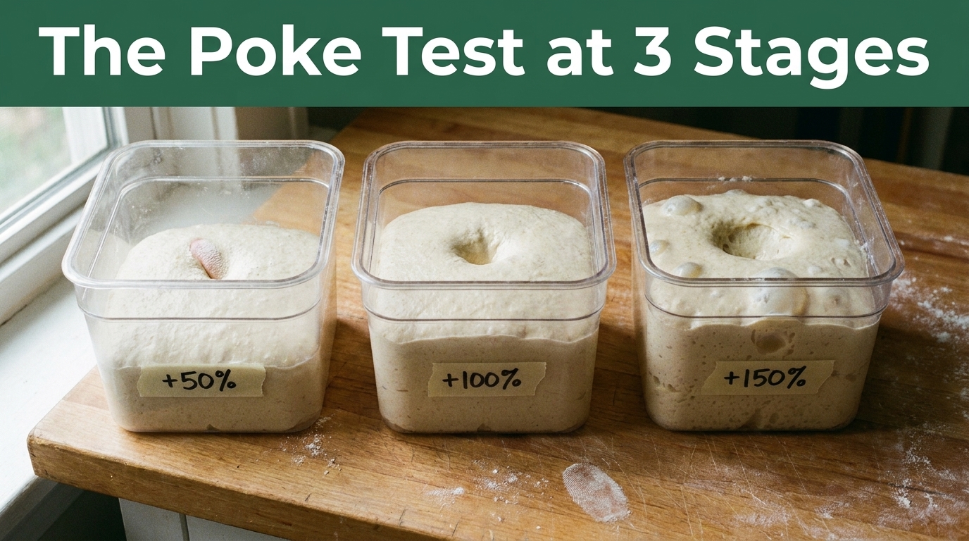The Poke Test in Photos: Proofed Dough at 3 Stages, Timed 1 Three containers of dough at 50, 100 and 150 percent rise, each with a finger dent