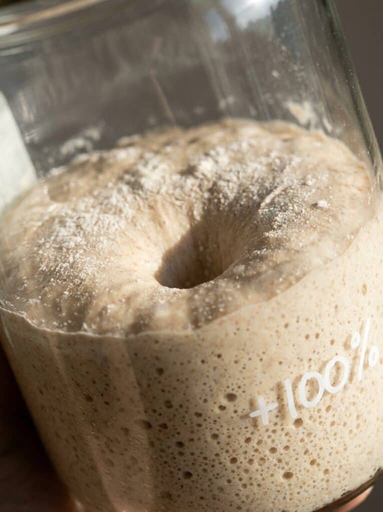 The Poke Test in Photos: Proofed Dough at 3 Stages, Timed 4 Finger dent filling halfway in dough that doubled