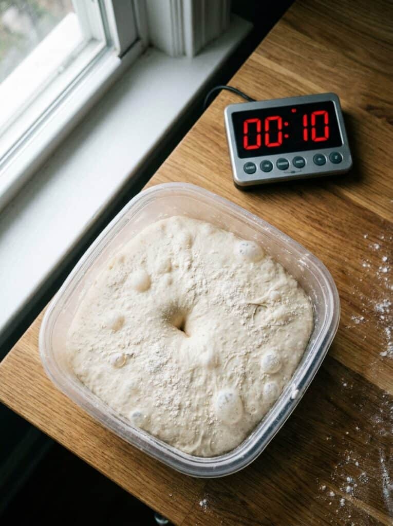 The Poke Test in Photos: Proofed Dough at 3 Stages, Timed 2 Timer next to a finger dent filling in proofed dough