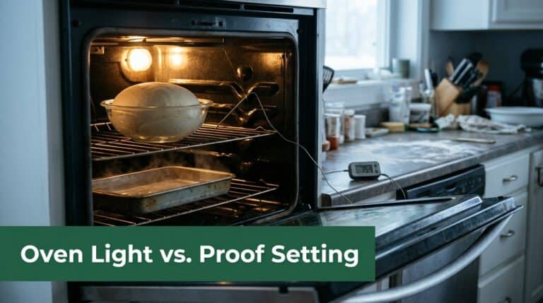 Proof dough rising in the oven with oven light on, kitchen background.Dough rising in an oven with the light on and a probe display reading 75°F