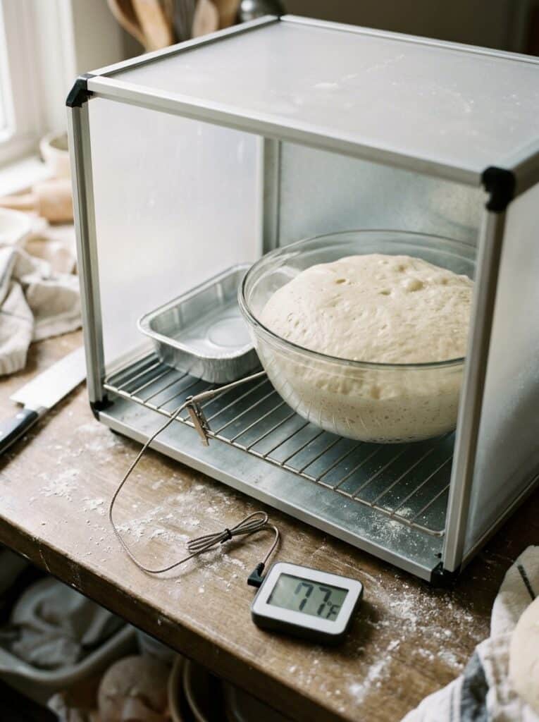 Is a Proofing Box Worth It? One Proofer vs. 4 DIY Setups, Measured. 3 Bowl of dough inside a folding proofer, probe reading 77°F ·
