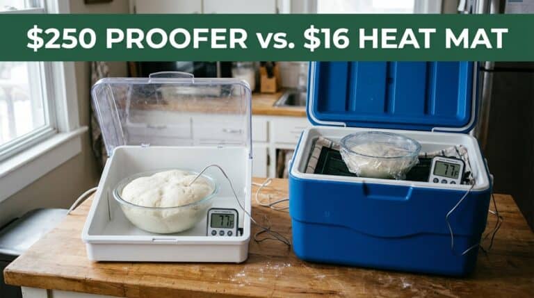 Comparison of a professional proofing box and DIY heat mat setups for bread proofing.