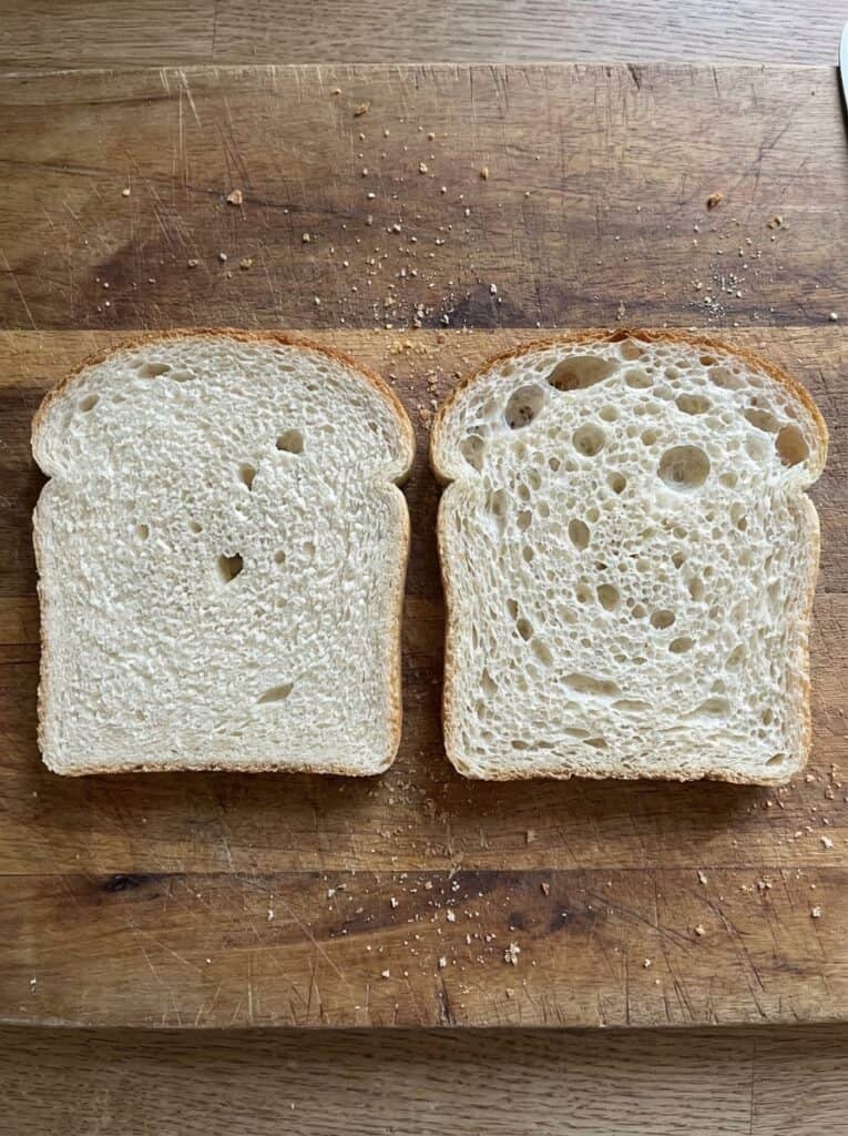 Dough Not Rising? Find the Moment It Slowed Down in 3 Checks. 3 Tight crumb next to an even, open crumb from the same recipe