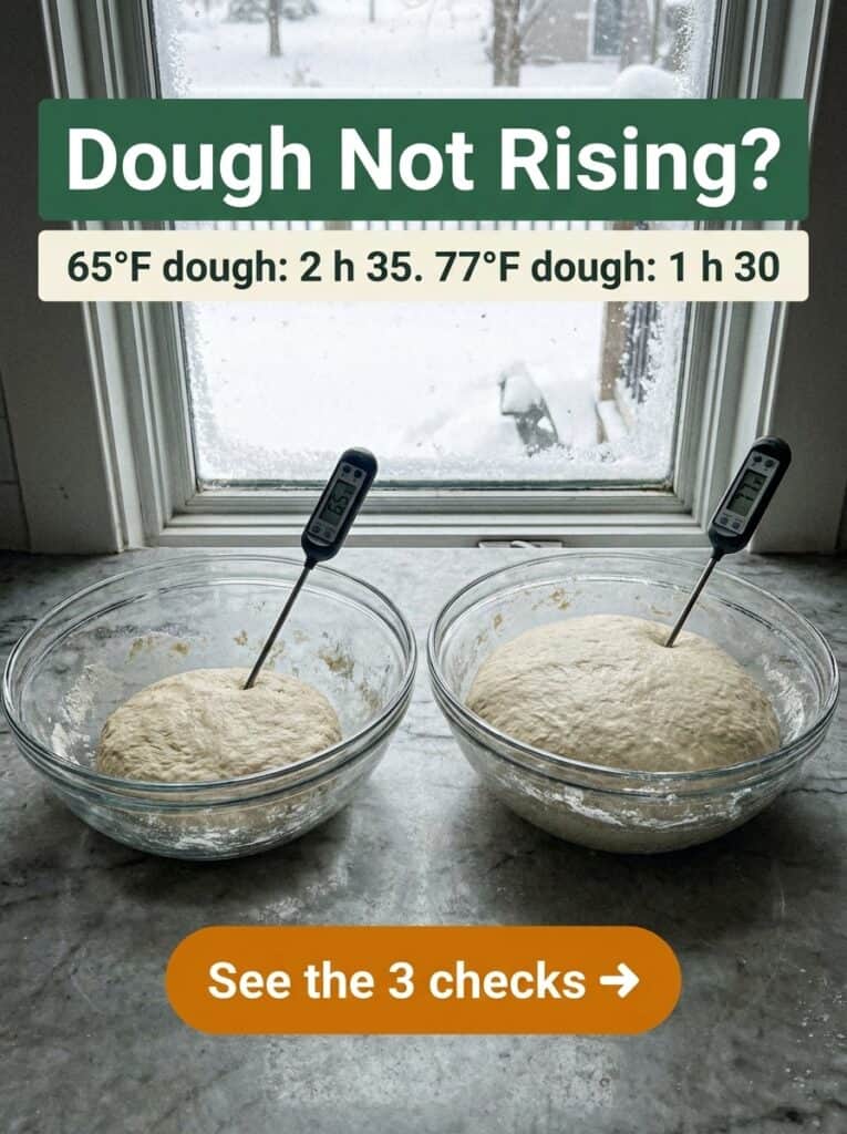 Pin showing why dough is not rising: 65°F dough vs. 77°F dough rise times